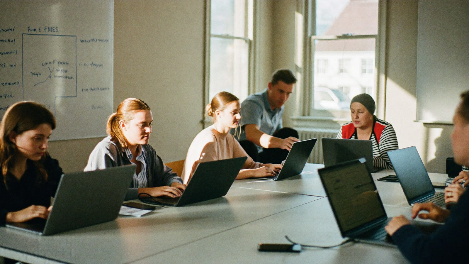 Staff at laptops in a hands-on workshop with an instructor beside one of them